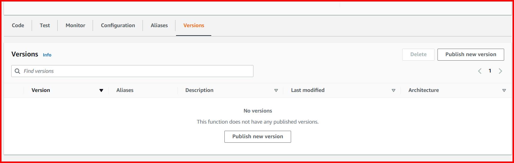 Picture showing the versions tab in lambda function